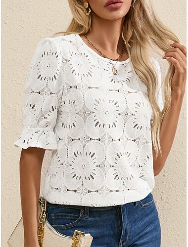  Damen T Shirt Einfach Mode Modern Lässig Halbarm Rundhalsausschnitt Normale Oberteile Täglich Wochenende Rüsche Schwarz Weiß Sommer