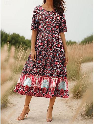  Damen Midikleid Sommerkleid Faltenkleid Urlaub Lässig Strand Täglich Ferien Lässiger Schnitt Blumen Grafik Halbarm Rundhalsausschnitt Gelb Rote Purpur Grün Sommer