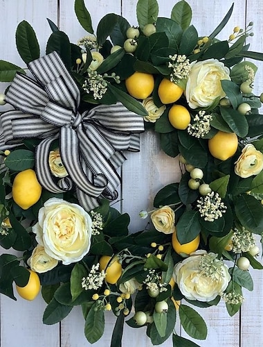  Guirnalda de rosas amarillas y limones, planta artificial, estilo europeo, arreglo floral decorativo con hojas falsas.