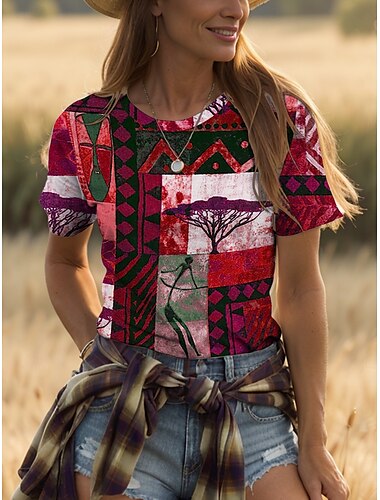  Dam T-shirt Grafisk Geometrisk Färgblock bohemliv Vintage Etnisk Kortärmad Rund hals Vanliga toppar Dagligen Utekväll Helgen Mönster Gul Rubinrött Blå Purpur Grön Sommar Vår