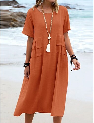  Femmes Robe Midi Robes en coton et lin Robe Décontractée Robe d'été Classique Moderne Quotidien Week-end Coupe régulière Uni Manche Courte Col ras du cou Noir Jaune Rose Claire Bleu Roi Été