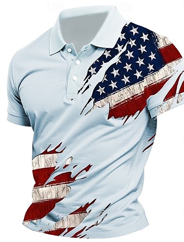  Tag der Unabhängigkeit Herren Amerikanische US-Flagge Polo Kurze Ärmel Revers Alltagstauglich Sport & Outdoor Athleisure Festival Knöpfe Sommer Rosa Weiß Himmelblau