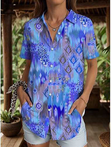  Women's Shirt Graphic Geometric Color Block Vintage Daily Stylish Short Sleeve Shirt Collar Regular Tops Daily Yellow Pink Blue Purple Green Summer Spring