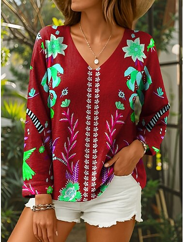  Damen Bluse Blumen Grafik Stilvoll Lässig Langarm V Ausschnitt Normale Oberteile Täglich Rote Blau Purpur Grün Sommer Frühling
