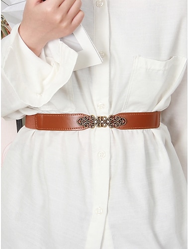 Cinturón elástico vintage para mujer con hebilla de bronce en forma de pergamino. Cinturón de piel sintética para vestidos y blusas, estilo elegante para uso diario y ocasiones formales.