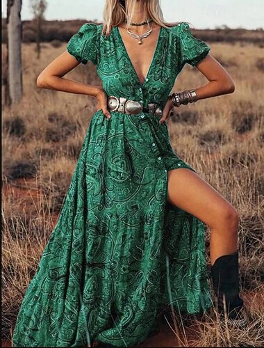  Mujer Vestido maxi Vestido informal Elegante Moldeado al Cuerpo Estampado Manga Corta Escote en Pico Azul Piscina Morado Marrón Verde Trébol Verano