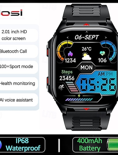  Reloj inteligente deportivo para exteriores 2025 para hombre, pantalla HD 2.01, linterna LED, batería grande de 400 mAh, control del ritmo cardíaco, resistente al agua, llamadas Bluetooth