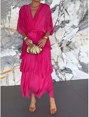  Damen Maxi Kleid A-Linien Kleid Einfarbig Sommerkleid Rüschendress Lässig Alltag Normale Passform Grafik Halber Ärmel V-Ausschnitt Pink Marineblau Blau Fuchsia Sommer