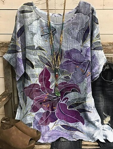  Női Ing Póló Tee Top Nyomtatott Virágok Elegáns Divat Modern Rövid ujjú Terített nyak Normál felsők Napi Hétvége Fehér Arcpír rózsaszín Bíbor Szürke Nyár