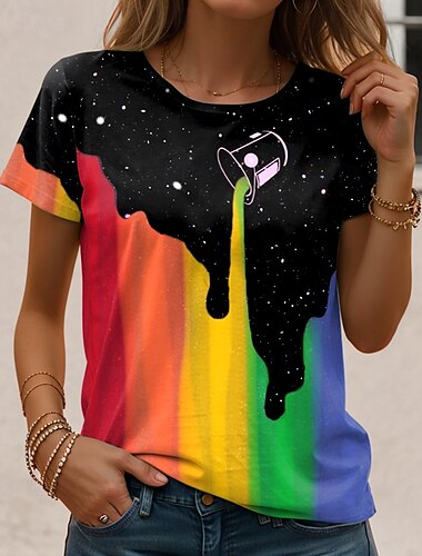  LGBT Pride Parade Pride Raindow Damen T-Shirt Graphic Rainbow Vintage Stylisch Klassisch Kurzarm Crew Neck Rundhals Reguläre Tops Tagesdruck Schwarz und Weiß Schwarz Regenbogen Sommer