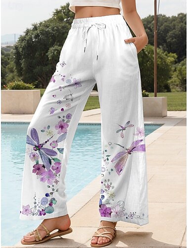  Damen Weites Bein Chinos Baggy-Hosen Urlaub Vintage Mode Volle Länge Hohe Taille Blumen Grafik Tiermotiv Drucken Atmungsaktiv Weich Mikroelastisch Formell Outdoor Urlaub Violett Rubinrot Gelb Grün