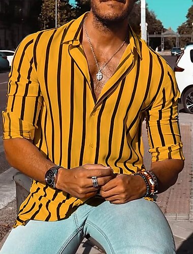  Men's Geometric Striped Shirt Button Up Shirt Casual Dress Shirt Long Sleeve Fashion Casual Formal Vacation Dailywear Summer Spring Turndown 3D Print Collared Shirts White Yellow Blue