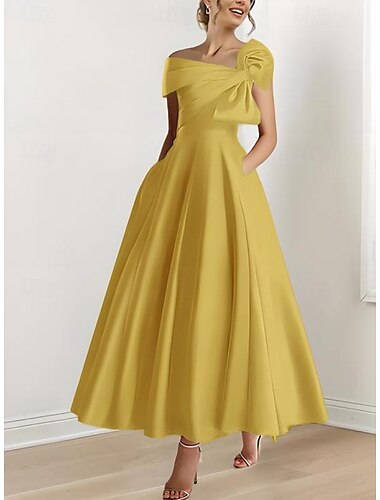  A-Linie Cocktailkleider Elegant Kleid Formell Hochzeit Knöchellänge Kurzarm Ein-Schulter Rosa Kleid Satin mit Schleife(n) 2025