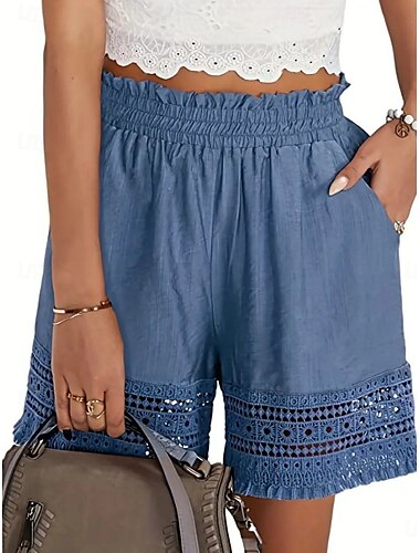  Dam Kinesiska Shorts Semester Mode Streetwear Kort Hög midja Slät Spets Ficka Elastiskt midjeband Bekväm Mjuk Microelastisk Utomhus Gata Dagligen Marinblå Aprikos Svart Blå Sommar Vår Normal