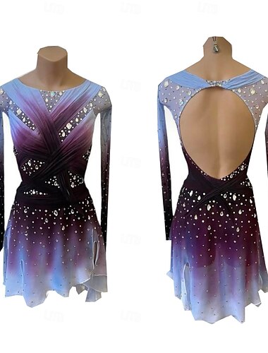  Eiskunstlaufkleid Damen Mädchen Eislaufen Kleid Purpur Daumenloch Halo-Färbung Hohe Elastizität Professionell Wettbewerb Eiskunstlaufkleidung Thermowarm Kristall / Strass Langarm Eislaufen