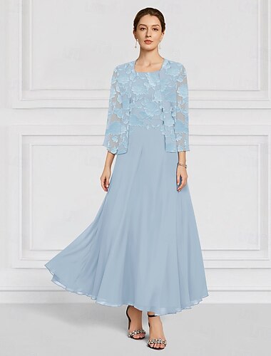  Himmelblaues, ausgebranntes, florales Spitzen-Zweiteiler-A-Linien-Kleid für die Mutter der Braut, elegant, schlicht, minimalistisch, U-Boot-Ausschnitt, bodenlang, Chiffon, 3/4-Ärmel, mit Jacke 2025