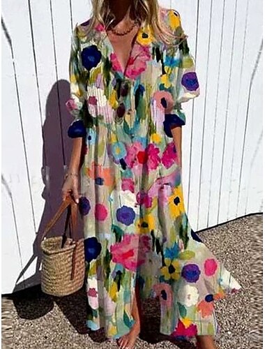  Damen Maxikleid A Linie Kleid Urlaub Ethnisch Lässig Lässiger Schnitt Blumen Grafik Blatt Dreiviertelarm V Ausschnitt Hemdkragen wasserblau Salbeigrün Weiß Marineblau Sommer Frühling
