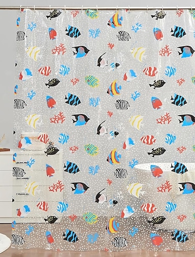  Διάφανη Κουρτίνα Ντους Τροπικά Ψάρια 180x200cm 70"x79" Ανθεκτική στο Νερό Ελαφριά Κουρτίνα Ντους Φούσκα PEVA Μακριές Μοντέρνες Κουρτίνες Μπάνιου με 12 Γατζάκια