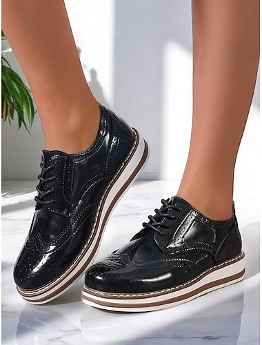  Damen-Oxford-Plateauschuhe aus Lackleder mit Flügelkappe – klassische flache Brogue-Schnürschuhe für erwachsene Frauen, ideal für die Arbeit im Büro, Geschäftstreffen, den Weg zur Arbeit zu Fuß und elegante Freizeitkleidung