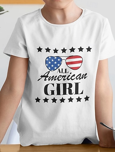  100% Baumwolle Amerikanischer Unabhängigkeitstag Kinder Mädchen Schwarz Weiß USA T-Shirt Rundhalsausschnitt Kurzarm Täglich Outdoor Urlaub Klassisch Lässig Druck Sommer