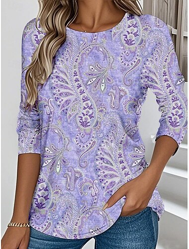  Dames T-shirt Bloemig Grafisch Paisley Vintage Stijlvol Klassiek Lange mouw Strakke ronde hals Normale tops Dagelijks Weekend Afdrukken Blozend Roze blauw Paars Zomer