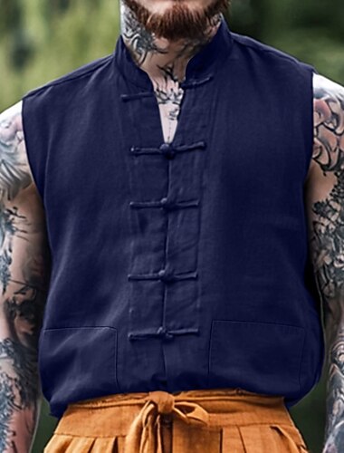  Homens Camisa Social Camisa de linho camisa de verão camisa de praia Côr Sólida Férias Rua Preto Vermelho Azul Marinha cáqui Sem Manga Colarinho Mandarim Verão Primavera Verão Roupa Botões