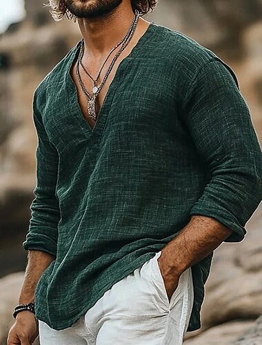  Herren Hemd Leinenhemd Popover-Hemd Sommerhemd Strandbekleidung Linie Urlaub Straße Braun Grün Langarm V Ausschnitt Sommer Frühling Bekleidung