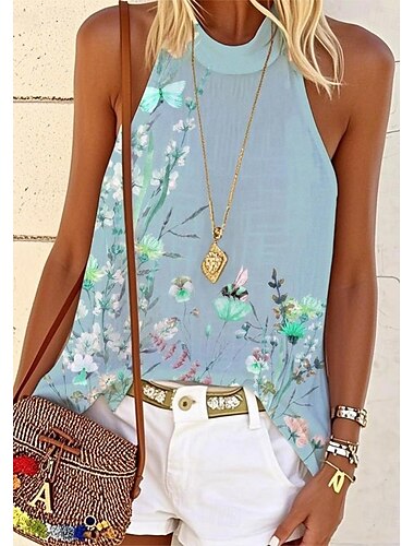  Damen Tank Top Blumen Grafik Täglich Lässig Ärmellos Neckholder Normale Oberteile Täglich Druck Rosa Blau Grün Sommer Frühling