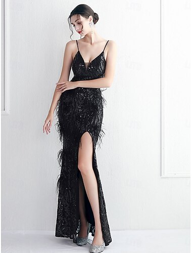  Mermaid  Trompete Bodenlänges Abschlussballkleid Elegantes Ärmellos V-Ausschnitt Abschlussball Abendparty Rückenfrei mit Pailletten Schlitz