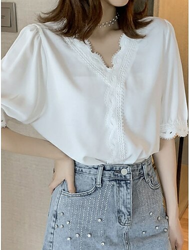  Damen Bluse Einfarbig Stilvoll Basic Lässig Kurzarm Hemdkragen Normale Oberteile Täglich Patchwork Knöpfe Spitzenbesatz Weiß Sommer