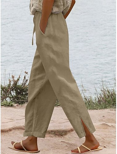  Damen Baumwoll-Leinen Hosen einfarbig Chinos Urlaub modisch lässig lang hochtailliert schlicht Taschen mit Kordelzug Komfort Outdoor mikro-elastisch Urlaub Street täglich Camel Wein Schwarz Weiß