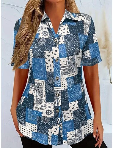  Mujer Camisa Graphic Geométrico Vintage Tropical Diario Manga Corta Cuello Camisero Tops regulares Diario Amarillo Azul Piscina Gris Verano Primavera