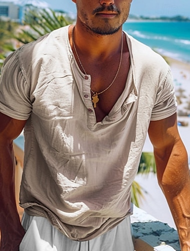  Herren T Shirt Henley Hemd T-Shirt Kurzarmshirt Kurzarm Henley Sommer Einfach Mode Designer Basic Rein Urlaub Straße Ausgehen Knackmandel Top T-Shirt für Herren