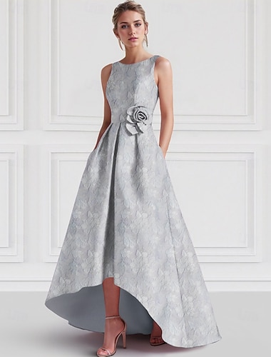  Vestidos de cóctel Jacquard A-Line Vestido elegante Boda formal Asimétrico Sin mangas Cuello redondo Nailon con impresión floral Con bolsillo Vestido de invitada de boda 2025