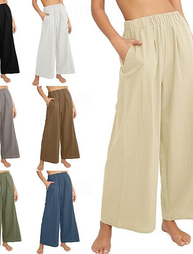  Damen Hose aus Baumwollleinen Weite Hosenbeine Stoffhosen Mode Streetwear Volle Länge Natürliche Taille Einfach Tasche Elastischer Bund Bequem Außenbereich Outdoor Ferien Aprikose Grau Schwarz Weiß