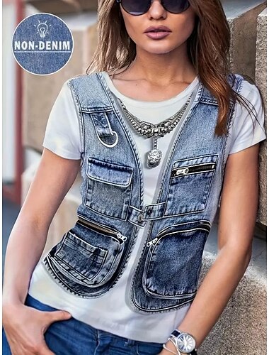  Mujer Camiseta Graphic Vintage Elegante occidental Manga Corta Cuello Barco Escote Redondo Tops regulares Diario Noche Fin de semana Estampado Azul Piscina Verano Primavera