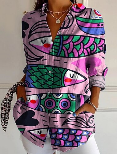  Mujer Camisa Blusa Flor Casual Manga Larga Cuello Camisero Tops regulares Diario Festivos Noche Botones Estampado Blanco Amarillo Azul Piscina Morado Fucsia Verano