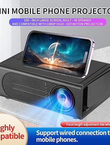  1080p mobiele projector – bekabelde telefoonverbinding, 100” verstelbaar scherm, handmatige focus, compatibel met iOS/Android, ideaal voor thuis- en buitenbioscoop