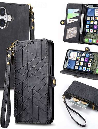  Handy Hülle Handyhüllen Für Apple AirTag iPhone 16 Pro Max Plus iPhone 15 14 Pro Max Plus iPhone 13 12 11 Pro Max Brieftaschenhülle Flip-Cover Mit Handgelenkschlaufe Stoßfest Retro Geometrisches