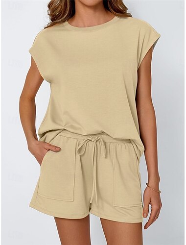  Damen 2-teiliges Mode Streetwear tägliche Shorts-Sets kurzärmelig Rundhalsausschnitt einfarbig mit Zugband lässig schwarz fuchsia khaki Sommer reguläre Passform