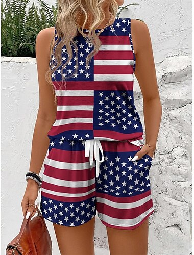  Unabhängigkeitstag Damen Mode Straßenbekleidung Alltags Shorts Sets Ärmellos Rundhals Grafik Druck Lässig Alltag Weinrot Marineblau Sommer Regulärer Schnitt