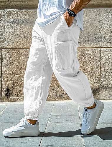  Herren Leinenhosen Hose Sommerhose Baggy-Hosen Elastischer Bund Einfach Komfort Atmungsaktiv Volle Länge Lässig Täglich Ferien Urlaub Mode Schwarz Weiß