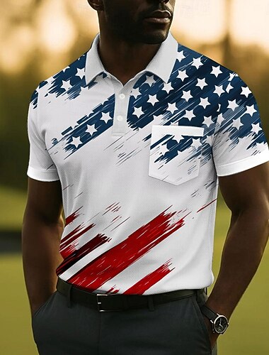  4 juillet 2026, 250e anniversaire Homme Drapeau Américain Polo Manche Courte Polos Chemises à Col Occasionnel Extérieur Athleisure Tenue quotidienne Avec Poches Impression 3D Boutons Été Bleu