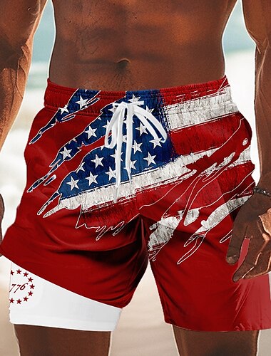  Tag der Unabhängigkeit Herren US Flagge Patriotisch Vierter Juli Gefütterte Shorts 2 in 1 Badeshorts Badehosen Mittlere Taille Ferien Seitentaschen Mit Kompressionsfutter Elastischer Kordelzug in der