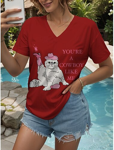  Dame T-shirt Grafisk Dyr Kat Årgang Stilfuld Klassisk Kortærmet V-hals Almindelige toppe Daglig Trykt mønster Sort Hvid Lyserød Rød Blå Sommer Forår