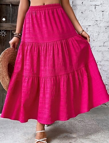  Damen Rock Lässig Maxi Mittlere Hüfthöhe Röcke Einfach Gerafft Mikroelastisch Urlaub Straße Violett Schwarz Rote Marineblau Sommer Polyester