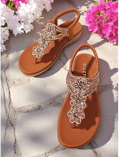  Damen-Zehentrenner im Boho-Stil mit Perlen und Blumenmuster – bequeme Sommer-Flats mit elastischer Ferse für Strand, Reisen und den Alltag