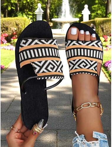  sandálias femininas com estampa tribal boho – padrão étnico, sola plana confortável, ótimas para viagens à praia e passeios de verão