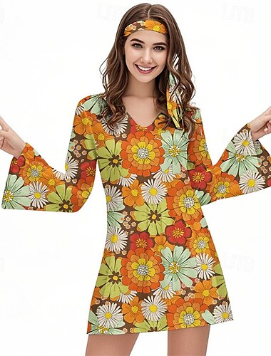  Retro Vintage 1970er Groovy Kleid Stirnband Hippie Disco Blumen Damen Halloween Karneval Urlaub Musikfestival Festival Erwachsene Kleid Stirnband
