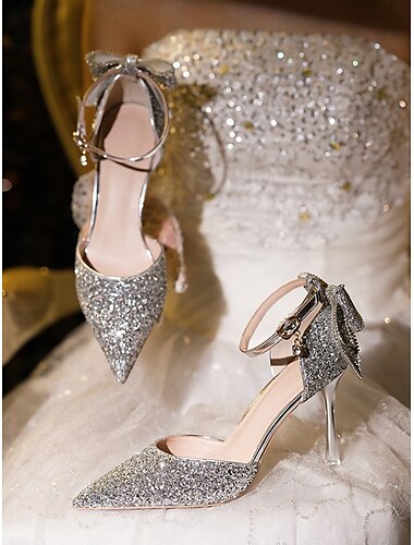  Chaussures à talons avec nœud à paillettes argentées pour femmes - Chaussures de mariage à bout pointu scintillant et bride à la cheville pour les mariées et les occasions nuptiales élégantes